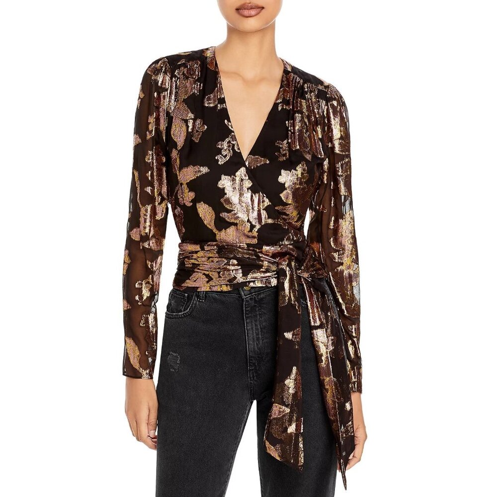 Ramy Brook Black and Gold Floral Wrap Blouse